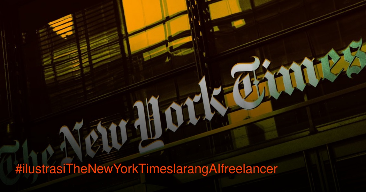Papan nama bercahaya The New York Times di fasad kaca sebuah gedung dengan pantulan di jendela