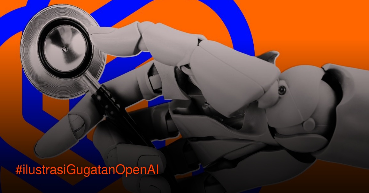 Tangan robot memegang stetoskop dengan latar oranye dan logo OpenAI