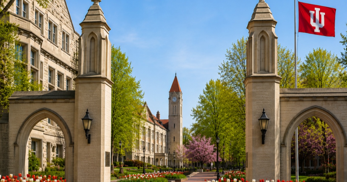 Gedung Indiana University Kelley School of Business dengan pemandangan musim semi