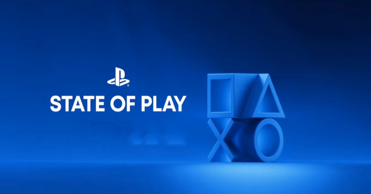 Logo acara State of Play Sony dengan latar belakang gelap dan teks biru.