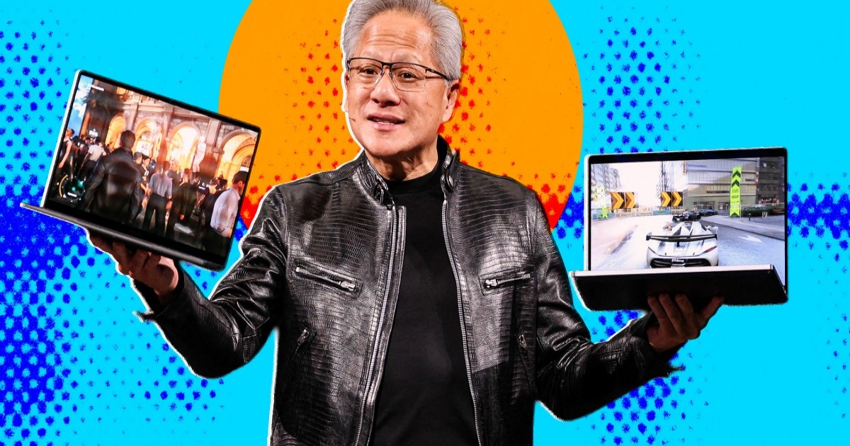 CEO Nvidia Jensen Huang memegang laptop RTX Spark di atas panggung GTC dengan latar biru oranye