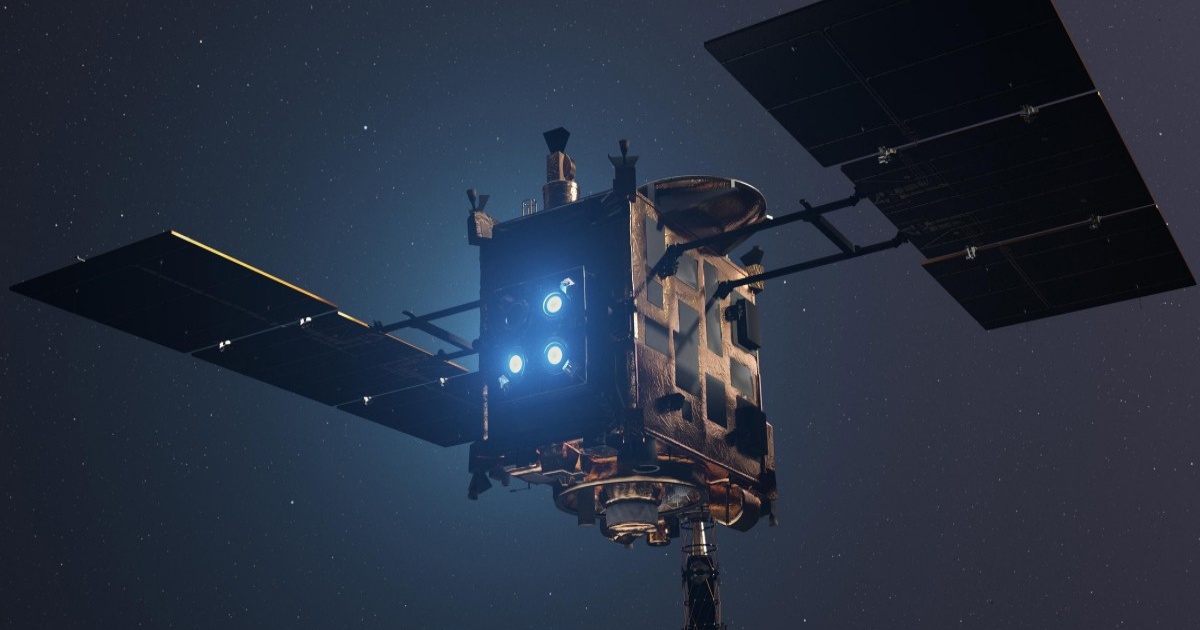 Ilustrasi wahana Hayabusa2 Jepang mendekati asteroid Ryugu dengan latar belakang bintang