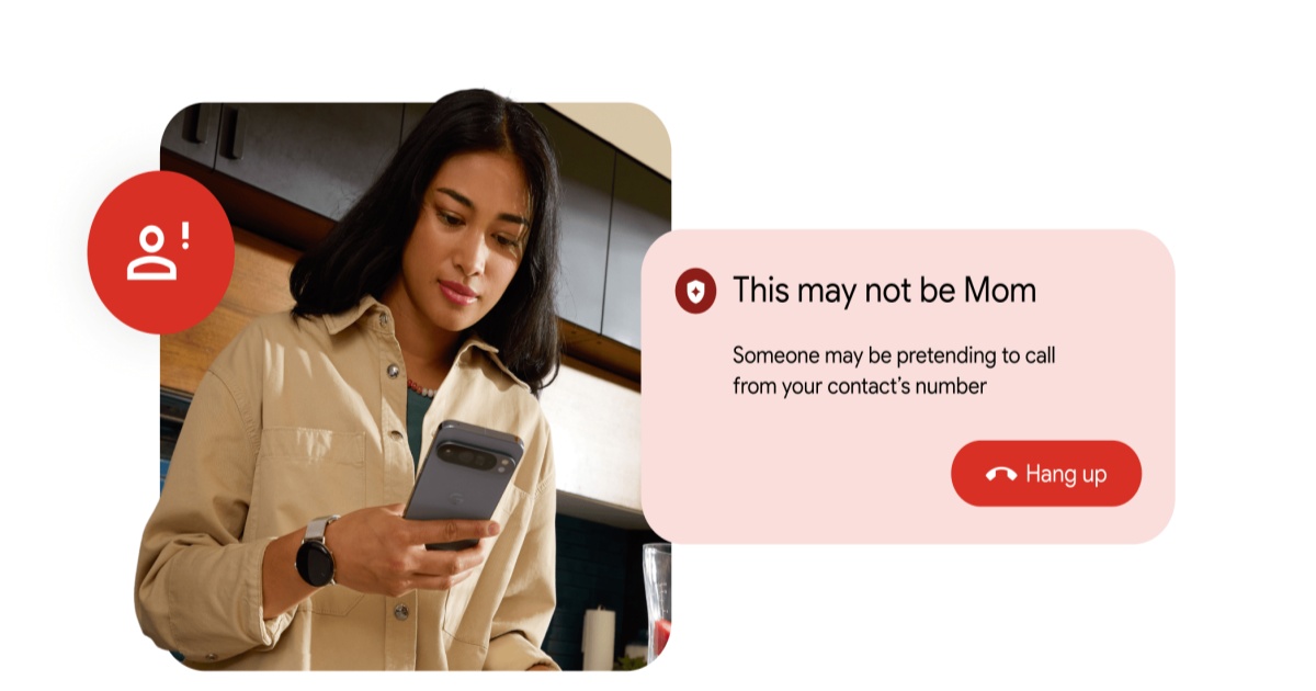 Ilustrasi notifikasi deteksi panggilan palsu di aplikasi Phone by Google yang menandai panggilan mencurigakan dari penipu AI