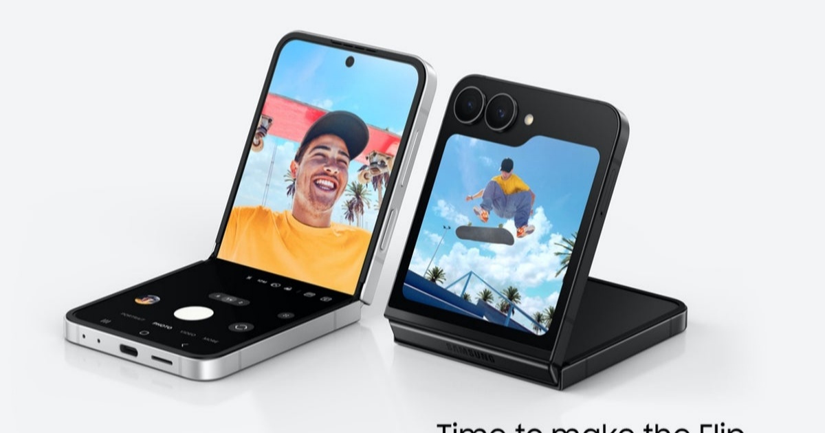 Samsung Galaxy Z Flip 7 FE dalam warna hitam dan putih dengan layar terbuka