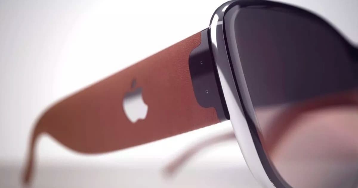 Render kacamata pintar Apple yang digambarkan dengan desain futuristik dan ramping