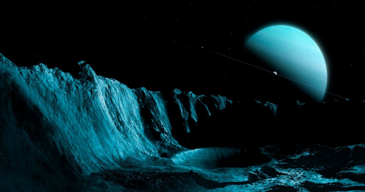 Ilustrasi bulan Miranda Uranus dengan permukaan tambal sulam yang tidak biasa di latar belakang luar angkasa