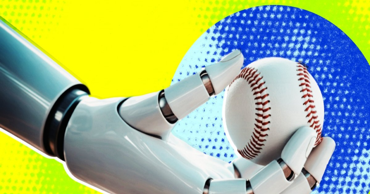 Ilustrasi tangan robot memegang bola baseball dengan latar belakang biru dan kuning cerah.