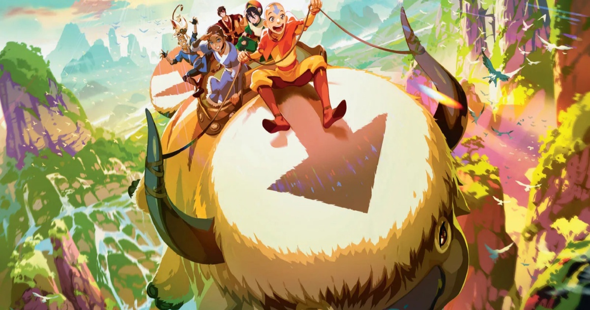 Tim Avatar terbang di atas Appa dalam gambar promosi untuk set Magic: The Gathering