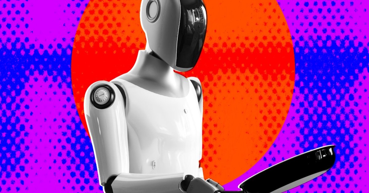 Ilustrasi robot humanoid memegang wajan dengan latar belakang magenta dan oranye