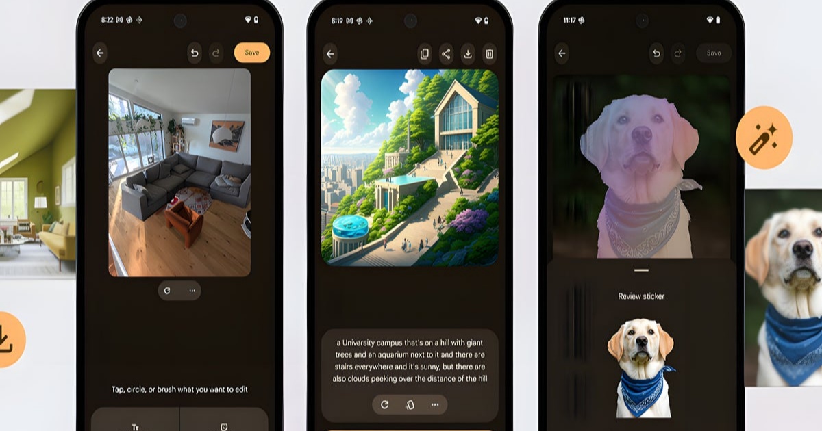Tiga layar ponsel Pixel Studio menghasilkan gambar AI dengan keterangan dan stiker.