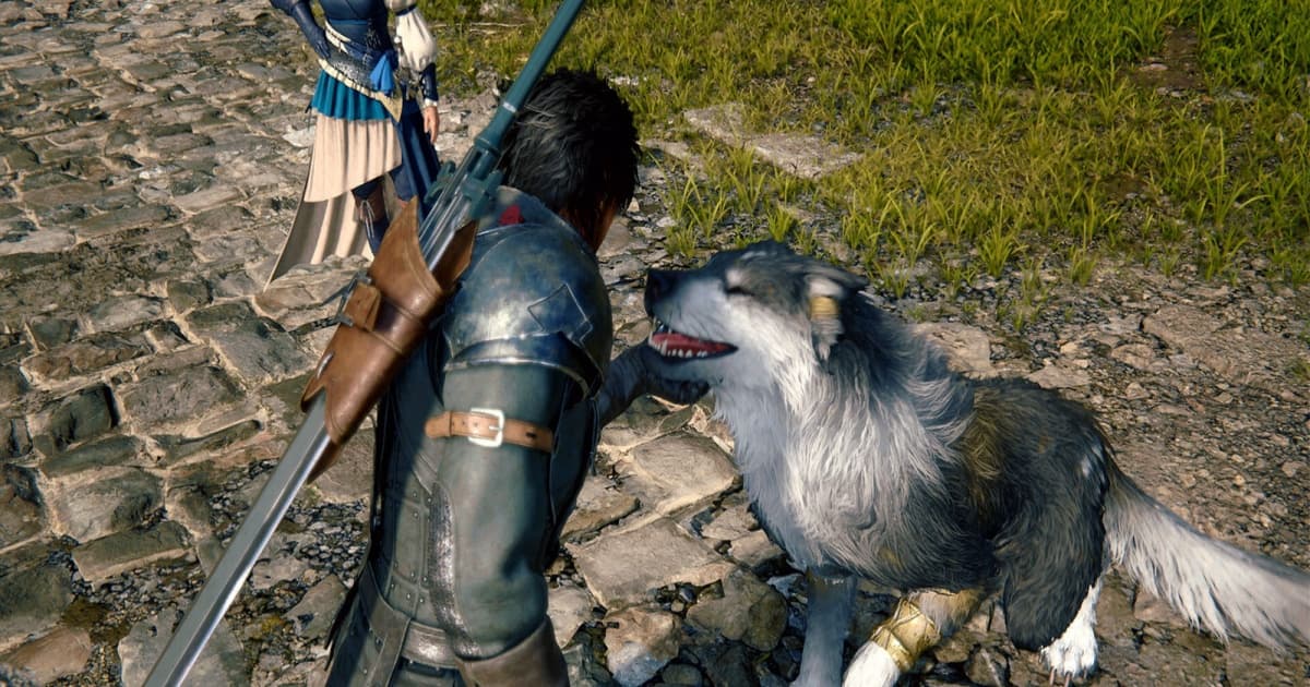 Karakter Final Fantasy 16 dengan pedang mengelus serigala