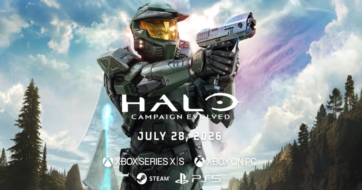 Master Chief memegang senjata di atas judul Halo: Campaign Evolved