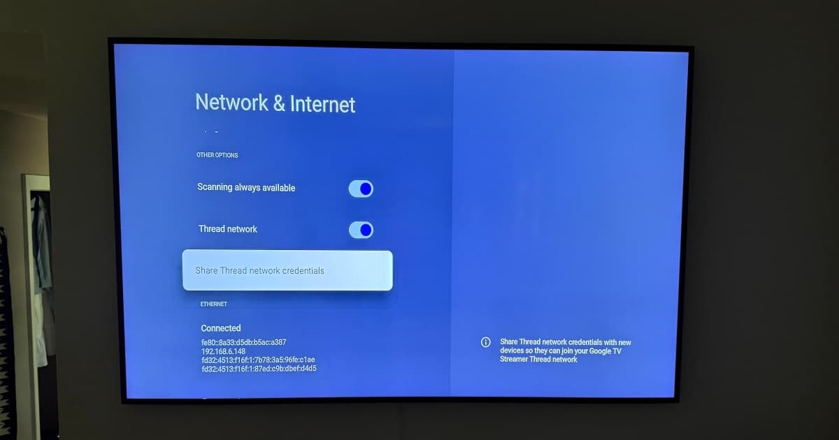 Google TV Streamer dengan opsi berbagi kredensial Thread 1.4