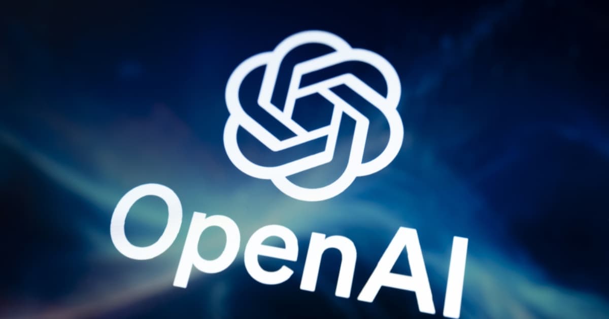 Logo OpenAI di latar belakang biru dengan efek blur