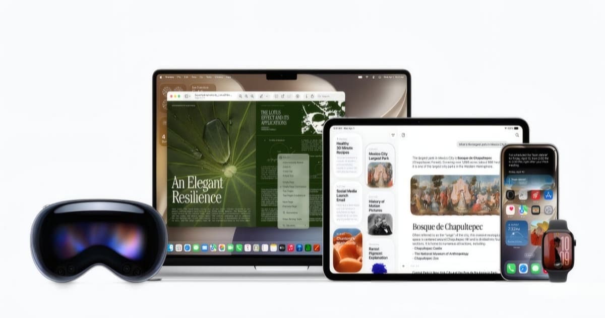 Kumpulan produk Apple termasuk Apple Vision Pro, MacBook, iPad, iPhone 17 Pro, dan Apple Watch menampilkan antarmuka Siri AI.