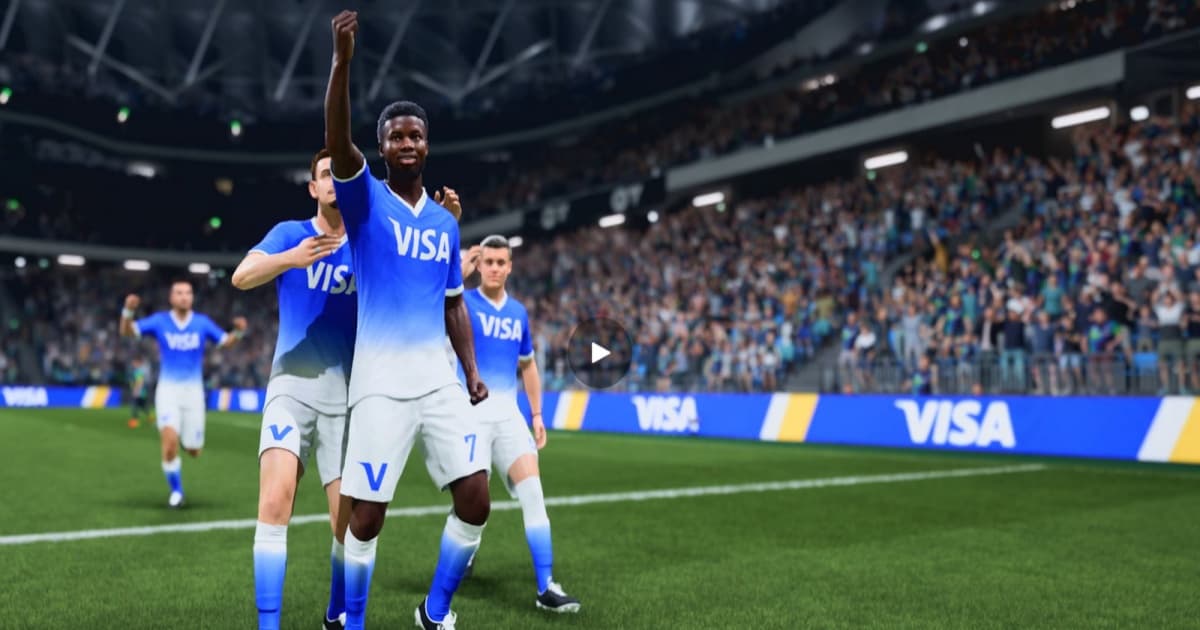 Pemain sepak bola virtual mengenakan jersey dengan logo Visa di game EA Sports FC