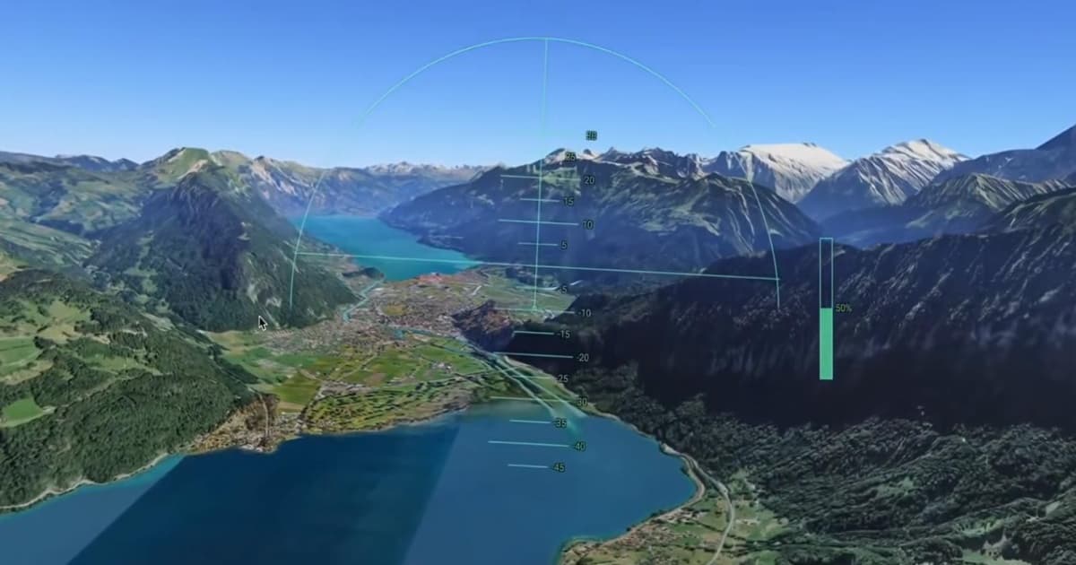 Tampilan kontrol Flight Simulator Google Earth di browser dengan pemandangan kota dari atas