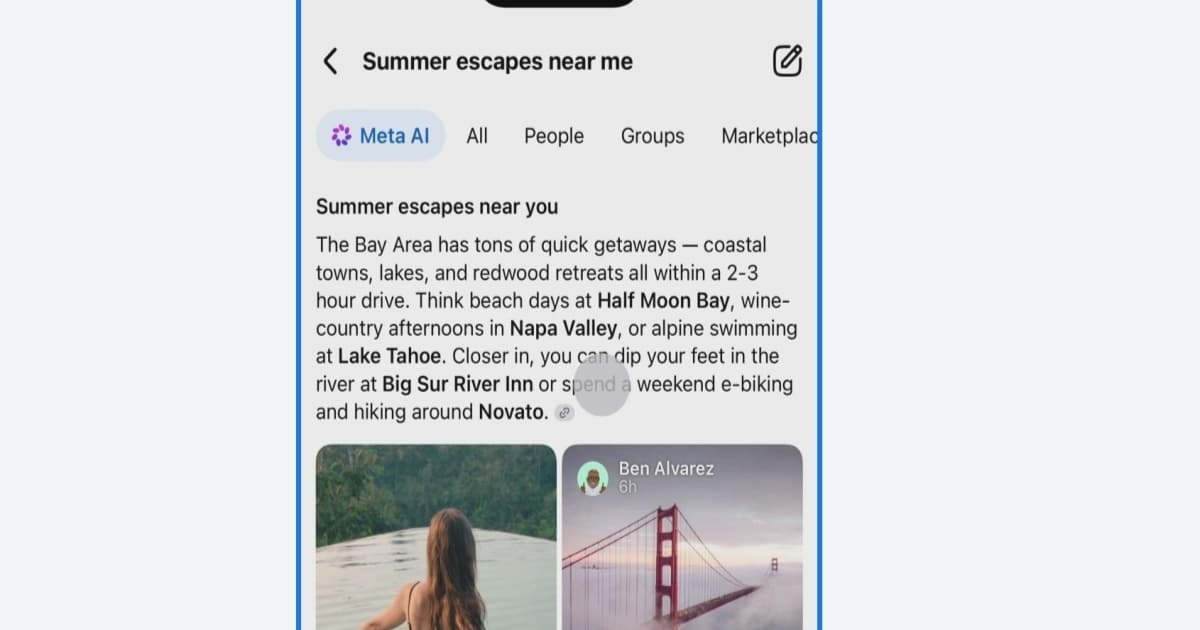 Tampilan antarmuka AI Mode Facebook yang menampilkan hasil pencarian berbasis AI dari postingan publik