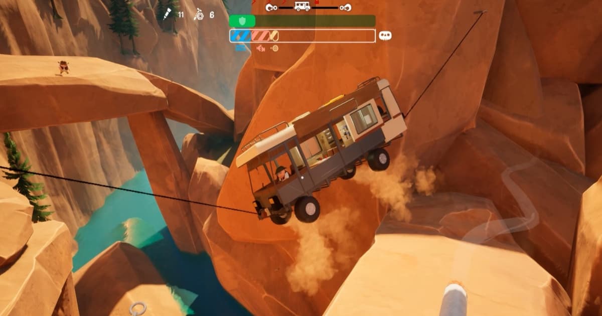 RV suspended on a tightrope stretched across a ravine in the game RV There Yet?