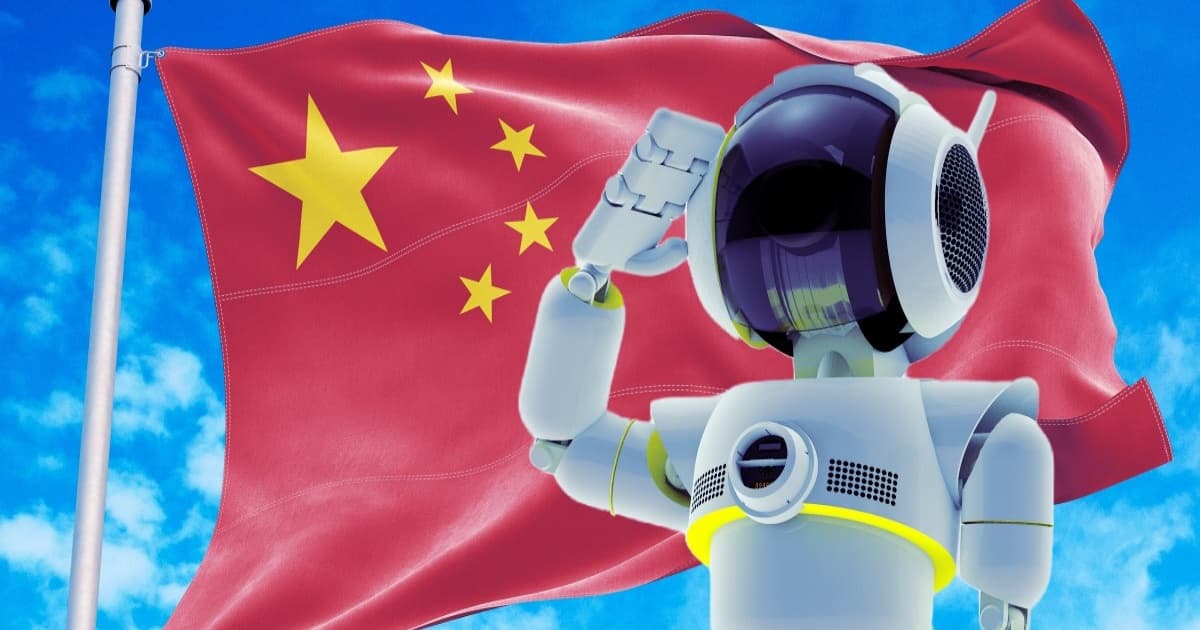 Ilustrasi robot memberi hormat di depan bendera China
