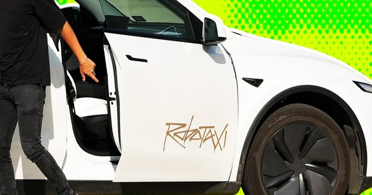 Ilustrasi Tesla Robotaxi dengan penumpang keluar dari kendaraan