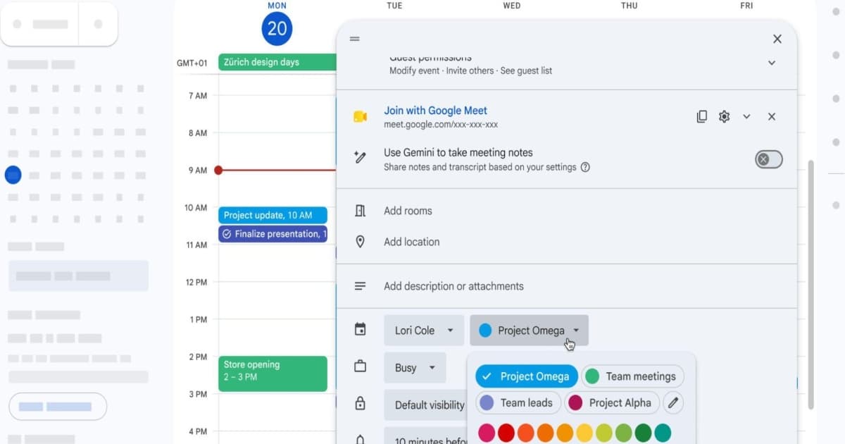 Tampilan Google Kalender dengan berbagai pilihan warna kustom untuk setiap acara