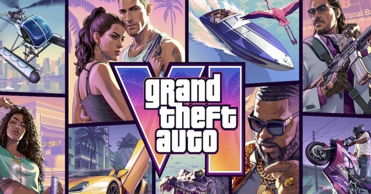 Cover art Grand Theft Auto VI menampilkan kolase karakter, senjata, kendaraan, dan hewan di Vice City