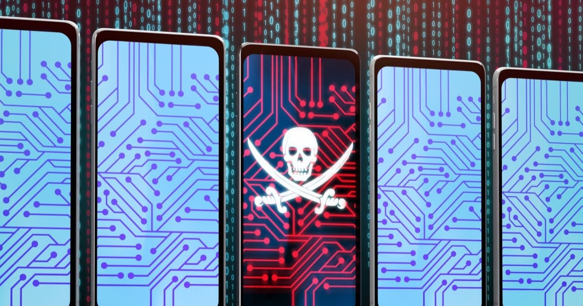 Ilustrasi malware Android yang menyerang aplikasi perbankan dengan latar belakang gelap
