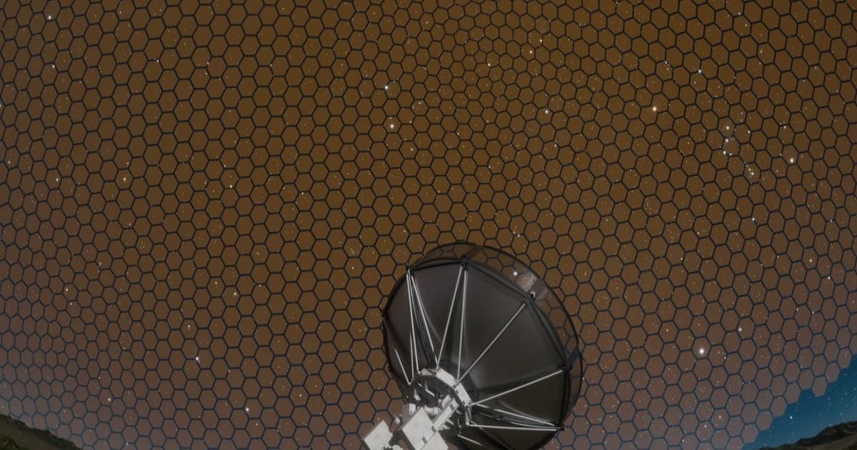 Ilustrasi teleskop radio Deep Synoptic Array di gurun Nevada dengan pola sarang lebat