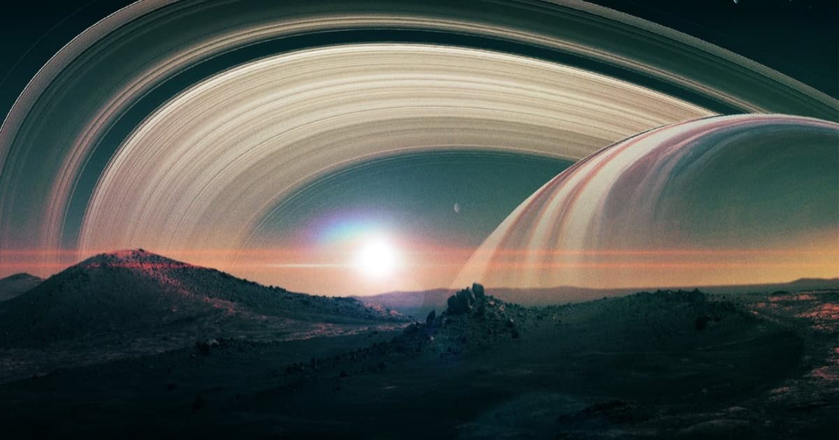 Ilustrasi pemandangan Saturnus dari permukaan bulan Titan dengan sumber daya hidrokarbon