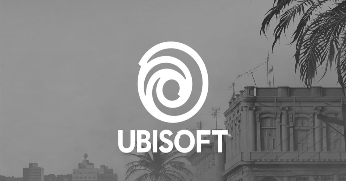 Logo Ubisoft hitam putih dengan latar belakang gelap