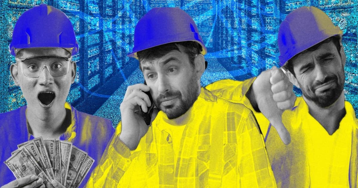 Teknisi listrik bekerja di dalam data center dengan deretan server yang menyala