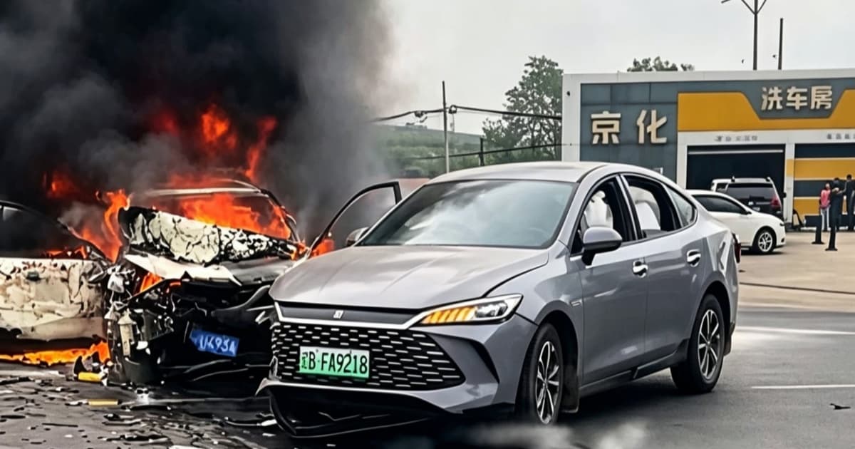 Tampak depan BYD Qin L PHEV setelah tabrakan offset menunjukkan kerusakan struktural parah pada fascia depan kendaraan.