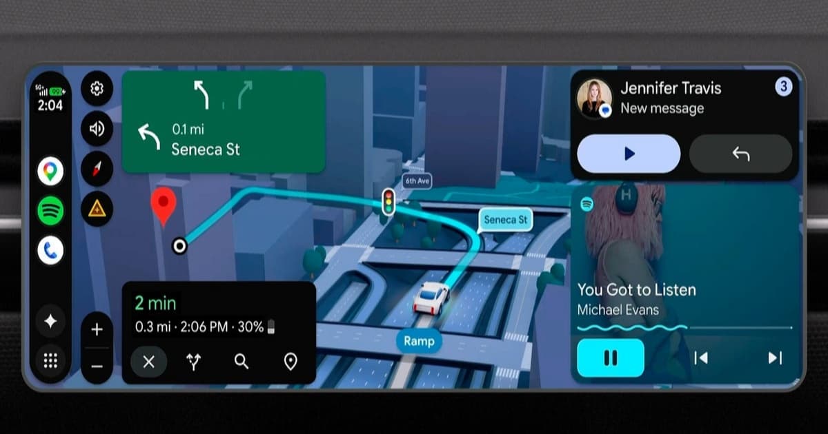 Ilustrasi antarmuka Android Auto generasi baru dengan fitur video dan aplikasi di layar dasbor mobil.