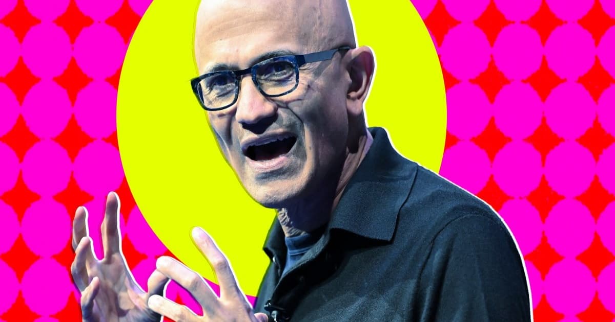Ilustrasi Satya Nadella, CEO Microsoft, dengan latar belakang abstrak penuh warna