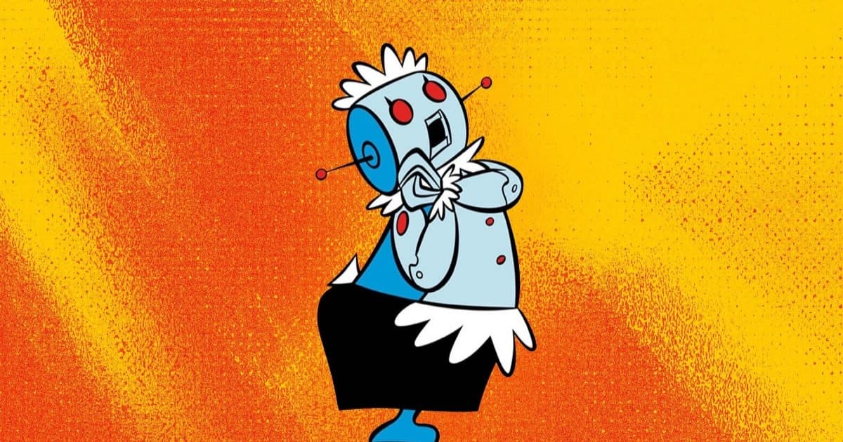 Ilustrasi robot pembantu rumah tangga dari kartun The Jetsons yang membersihkan rumah