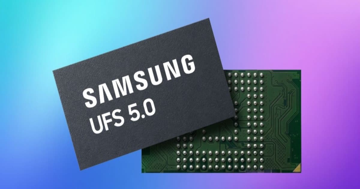 Ilustrasi chip penyimpanan UFS 5.0 terbaru Samsung dengan desain kompak dan performa tinggi untuk AI