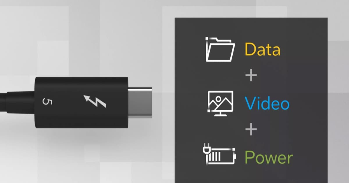 Kabel Thunderbolt 5 dengan logo petir dan teks Data + Video + Power