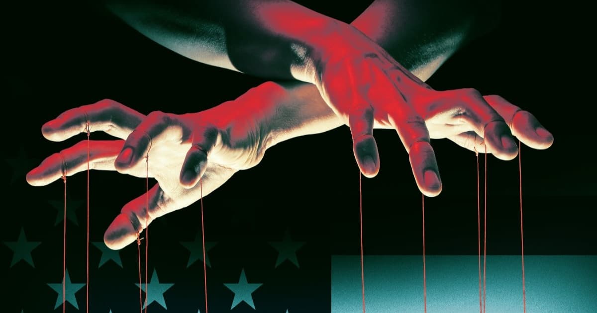 Ilustrasi dua tangan dalang dengan bendera Amerika di latar belakang