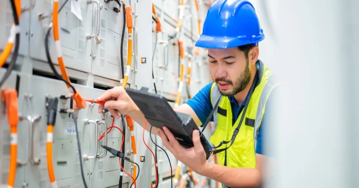 Pekerja listrik melakukan pengujian di pusat distribusi data center