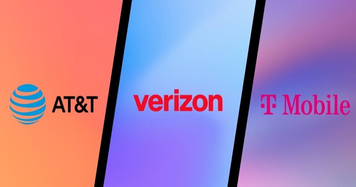 Logo AT&T, Verizon, dan T-Mobile berdampingan dalam satu bingkai grafis