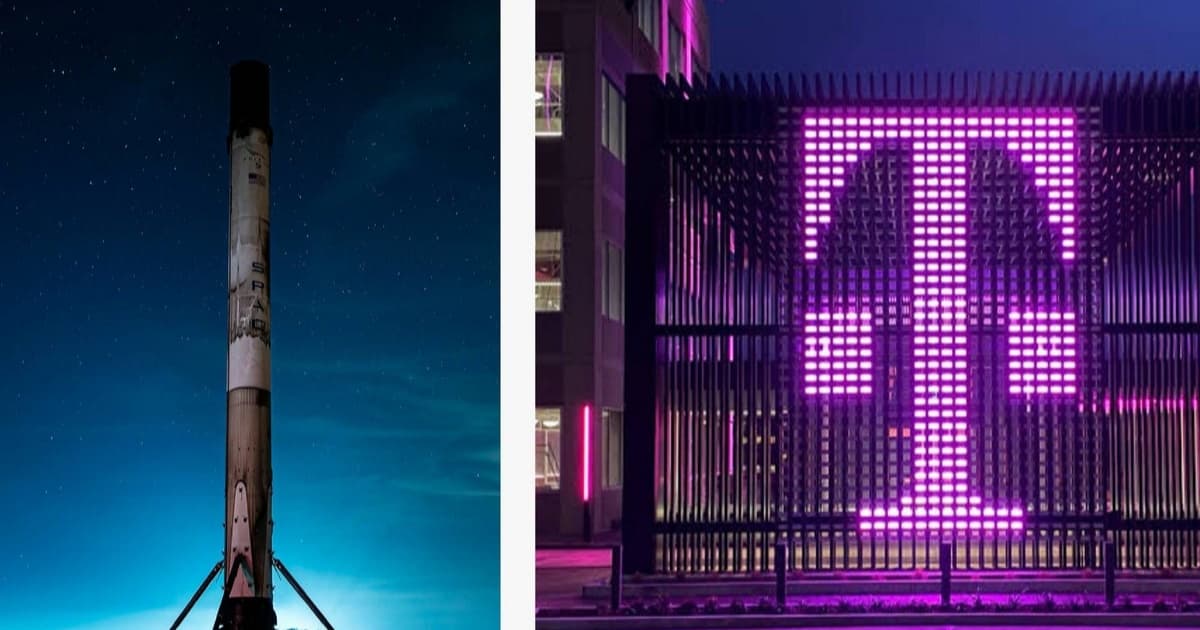 Ilustrasi logo SpaceX dan T-Mobile dengan latar peta jaringan satelit