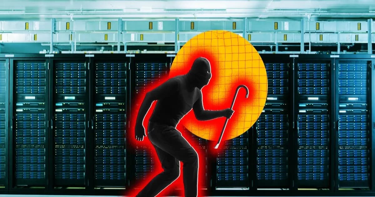 Ilustrasi komik pencuri bertopeng dengan linggis di dalam ruang server pusat data
