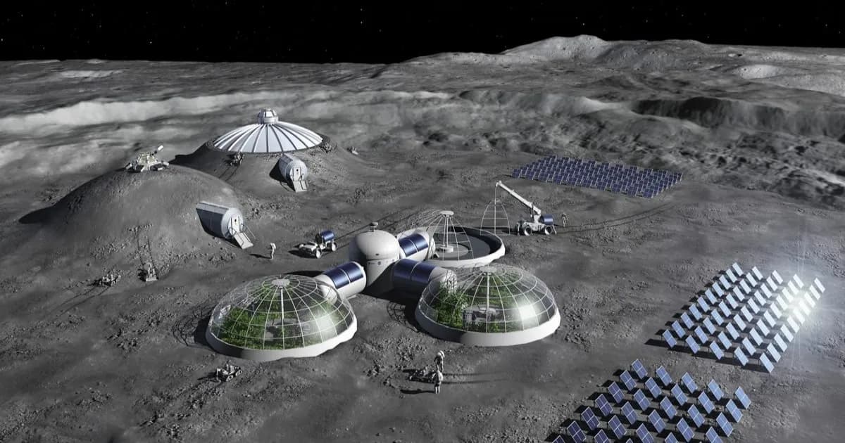 Ilustrasi aktivitas di Pangkalan Bulan dengan panel surya dan robot cetak 3D