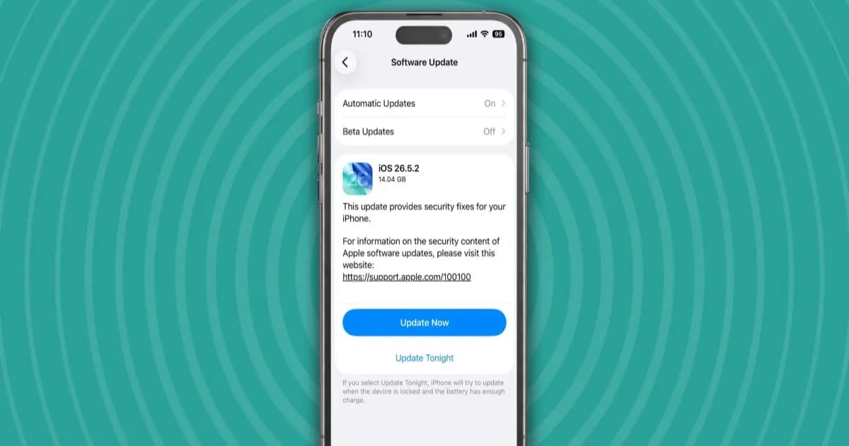 iPhone menampilkan pemberitahuan pembaruan keamanan iOS 26.5.2