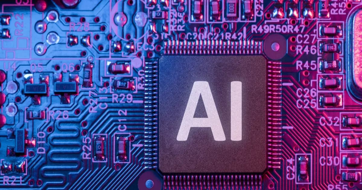 Ilustrasi chip AI dengan latar belakang biru