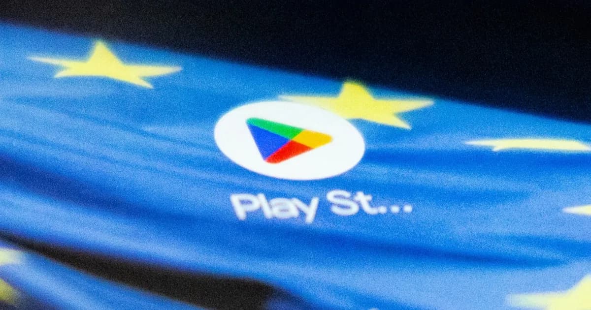 Logo Google Play Store dengan latar belakang bendera Eropa