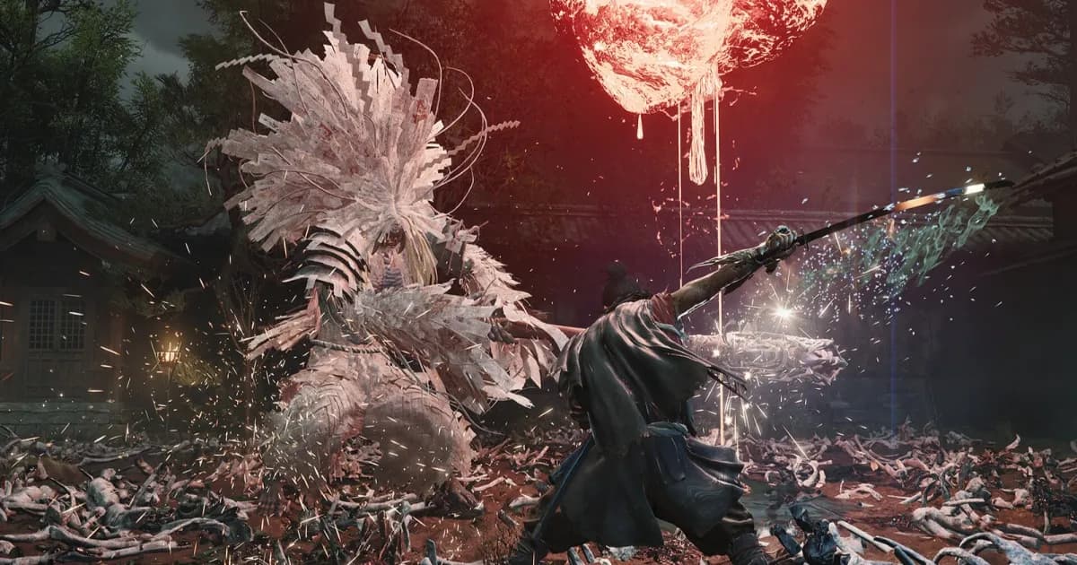 Tampilan aksi pertarungan dalam game Onimusha: Way of the Sword dengan karakter utama menggunakan pedang