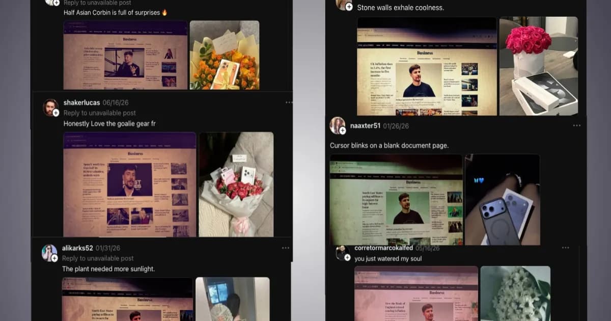 Kumpulan tangkapan layar postingan spam Mr Beast di Threads dengan berbagai variasi gambar.
