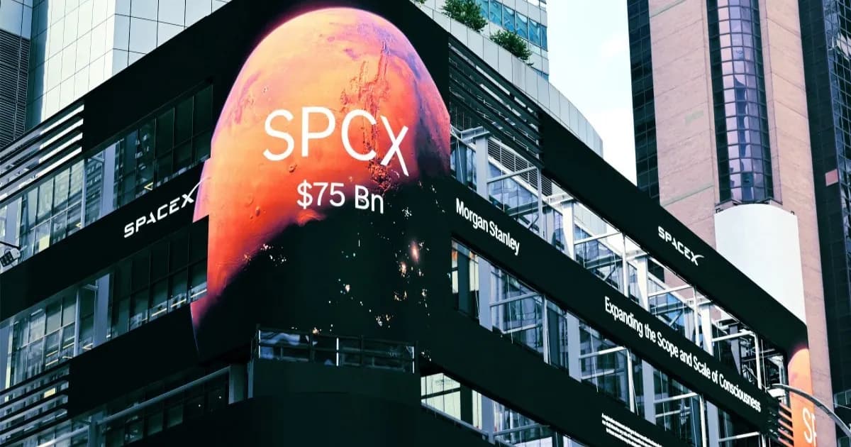Papan iklan digital SpaceX di Times Square New York menampilkan logo perusahaan dan harga saham